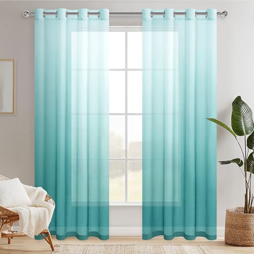 Hiasan Voile Gardinen Vorhänge Farbverlauf Ösenschal Halbtransparent Dekoschal Sheer Vorhang für Wohnzimmer, 245 cm x 140 cm(H x B) 2er Set Weiß Blau Grün von Hiasan