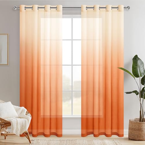 Hiasan Voile Gardinen Vorhänge Farbverlauf Ösenschal Halbtransparent Dekoschal Sheer Vorhang für Wohnzimmer, 245 cm x 140 cm(H x B) 2er Set Weiß Orange von Hiasan