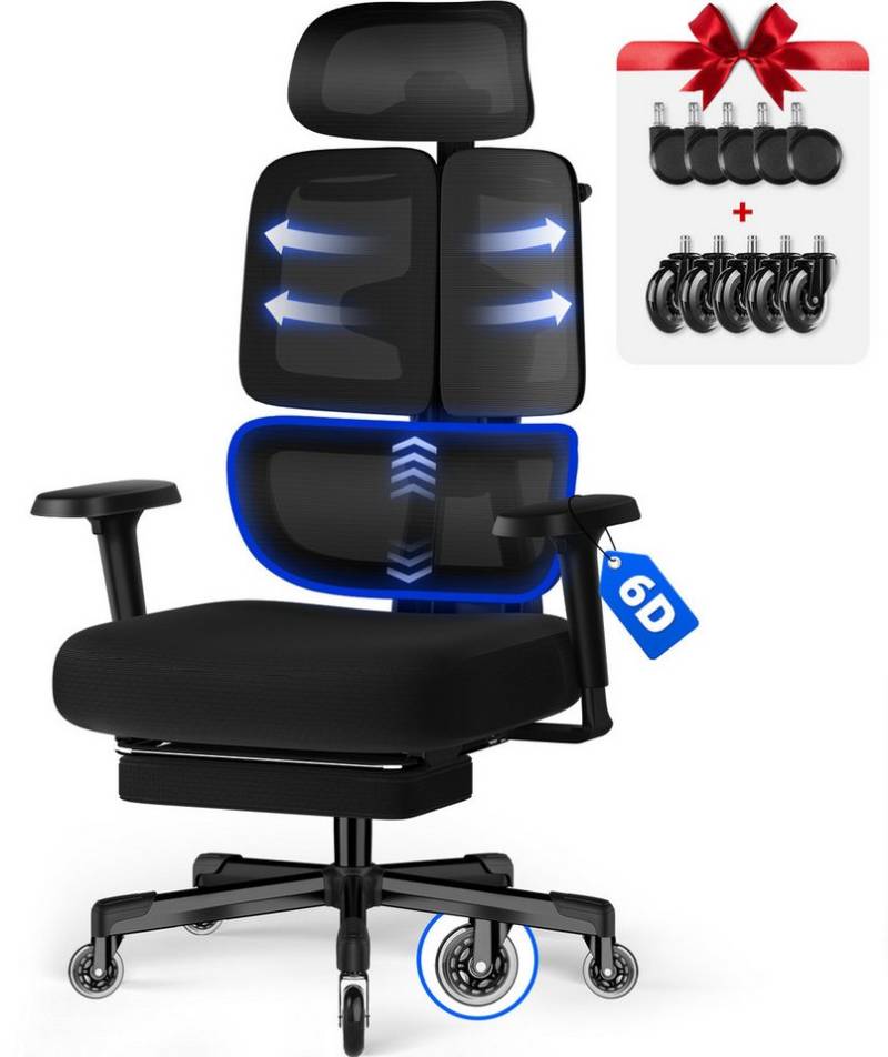 Hiazurm Bürostuhl Bürostuhl, Chefsessel, ergonomischer Schreibtischstuhl, atmungsaktiv (3-stufig arretierbare Rückenlehne (90°, 130° und 160), adaptives Rückenlehnendesign, dynamische, selbsteinstellende 20°-Lendenwirbelstütze, verstellbare 3D-Kopfstütze, 6D-Multifunktionsarmlehnen, Zwei Radsätze, höhenverstellbare Rückenlehne und Belastbarkeit bis 200 kg), Höhenverstellbarer Drehstuhl, Zwei Radsätze, Schwarz von Hiazurm