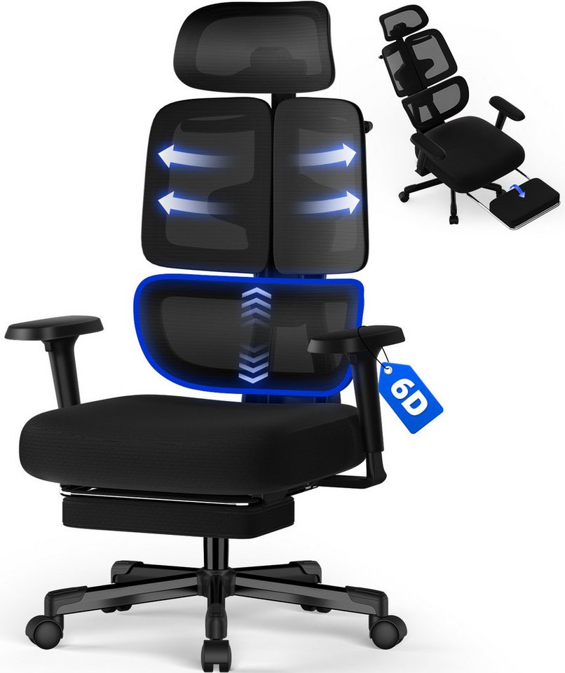 Hiazurm Bürostuhl Bürostuhl ergonomisch, Chefsessel, Atmungsaktiv Mesh Schreibtischstuhl (3-stufig arretierbare Rückenlehne (90°, 130° und 160), adaptives Rückenlehnendesign, dynamische, selbsteinstellende 20°-Lendenwirbelstütze, verstellbare 3D-Kopfstütze, 6D-Multifunktionsarmlehnen, höhenverstellbare Rückenlehne und Belastbarkeit bis 200 kg), Höhenverstellbarer Drehstuhl, Zwei Radsätze, Schwarz von Hiazurm