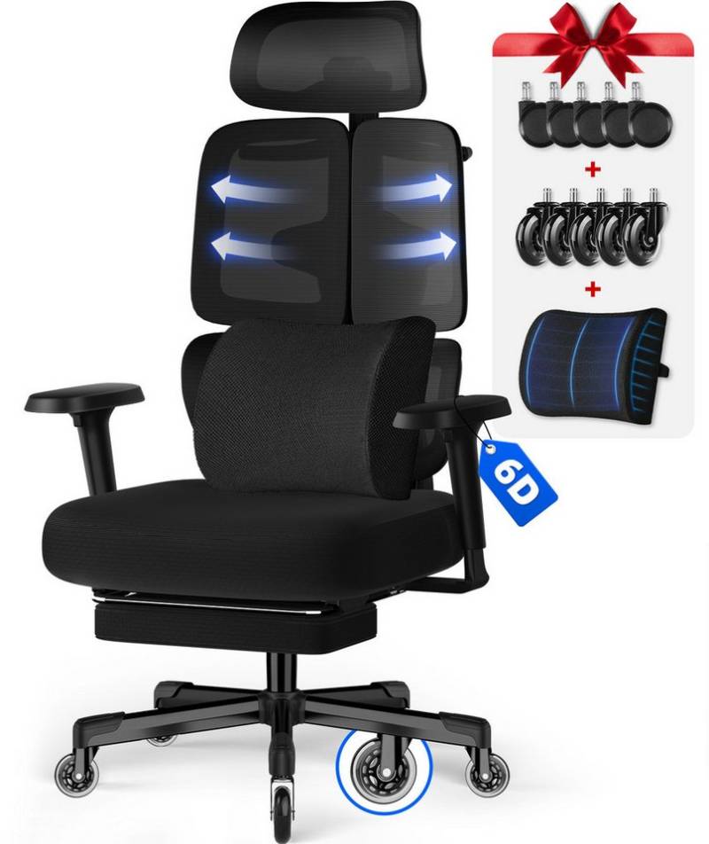 Hiazurm Bürostuhl Bürostuhl, Chefsessel, ergonomischer Schreibtischstuhl, atmungsaktiv (3-stufig arretierbare Rückenlehne (90°, 130° und 160), adaptives Rückenlehnendesign, dynamische, selbsteinstellende 20°-Lendenwirbelstütze, verstellbare 3D-Kopfstütze, 6D-Multifunktionsarmlehnen, Zwei Radsätze, höhenverstellbare Rückenlehne und Belastbarkeit bis 200 kg), Höhenverstellbarer Drehstuhl, Zwei Radsätze, Schwarz von Hiazurm
