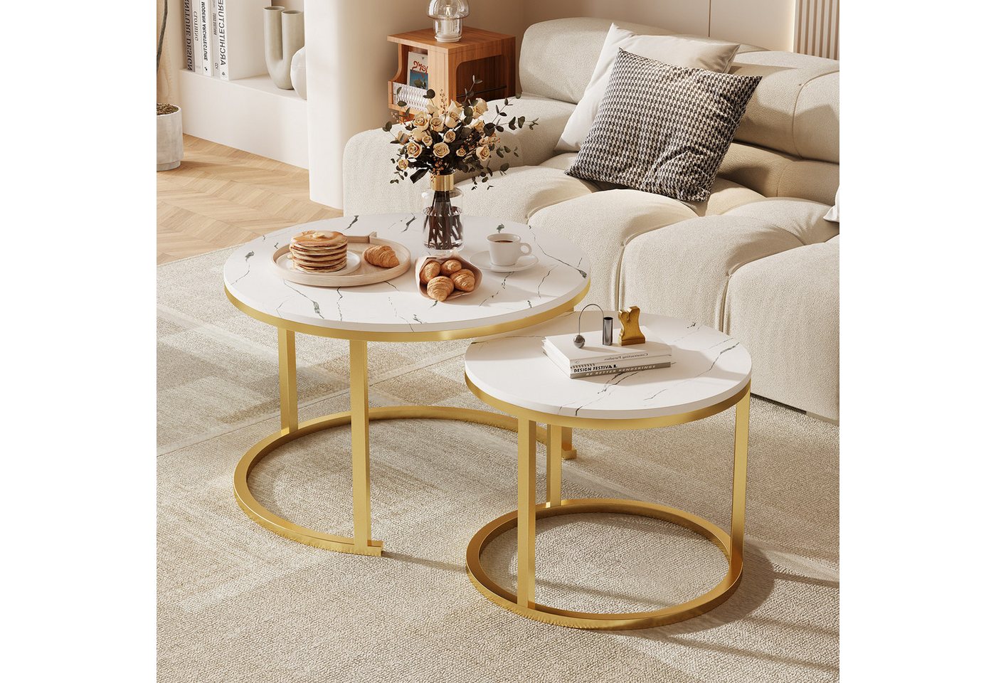 Hiazurm Couchtisch Couchtisch 2er Set mit Marmormuster, Kaffeetisch, Beistelltisch (Satztisch für Wohnzimmer & Büro & Schlafzimme & Balkon, 2er Set), 70x45cm+50x40cm, Rund von Hiazurm