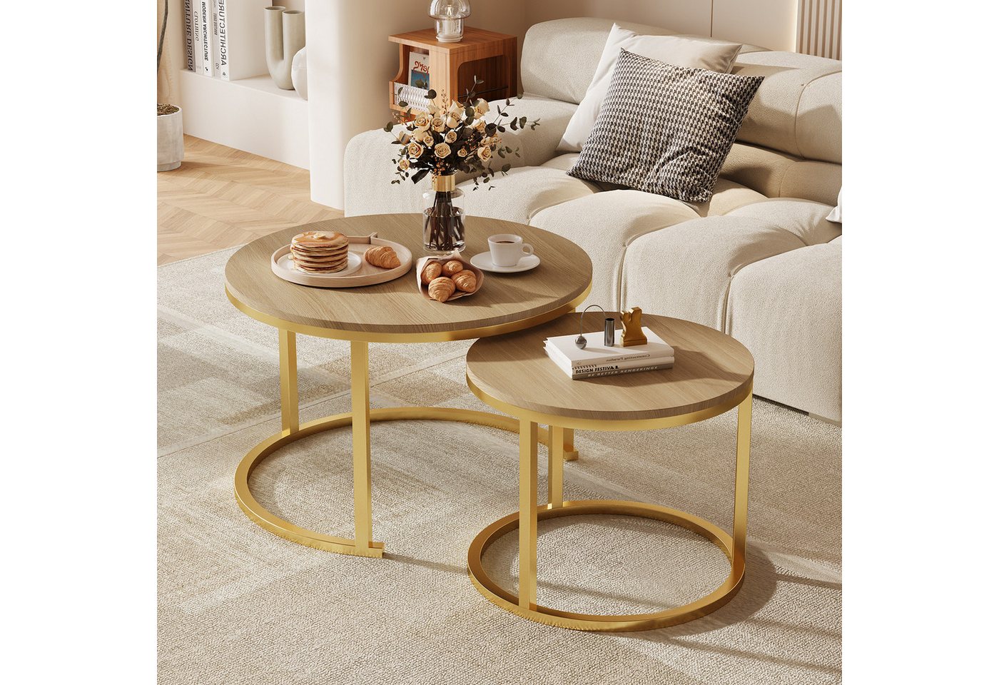 Hiazurm Couchtisch Couchtisch 2er Set mit Marmormuster, Kaffeetisch, Beistelltisch (Satztisch für Wohnzimmer & Büro & Schlafzimme & Balkon, 2er Set), 70x45cm+50x40cm, Rund von Hiazurm