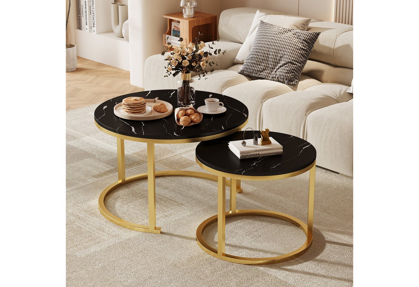 Hiazurm Couchtisch Couchtisch 2er Set mit Marmormuster, Kaffeetisch, Beistelltisch (Satztisch für Wohnzimmer & Büro & Schlafzimme & Balkon, 2er Set), 70x45cm+50x40cm, Rund von Hiazurm