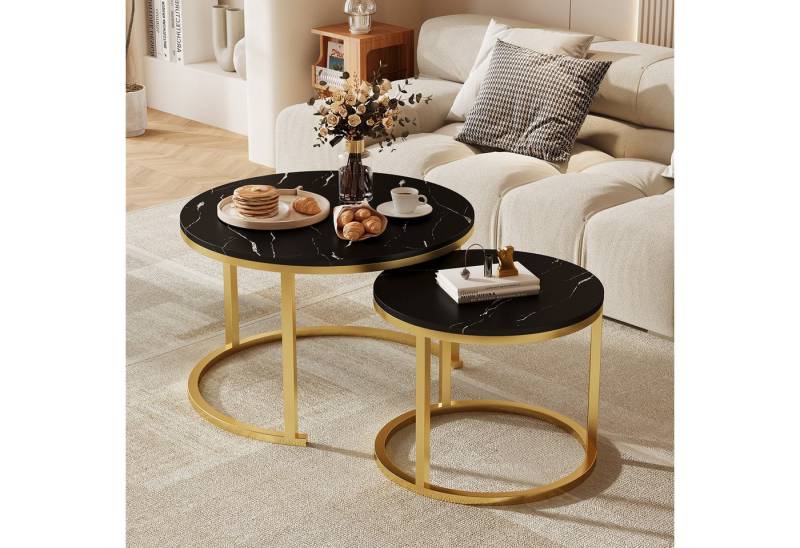 Hiazurm Couchtisch Couchtisch 2er Set mit Marmormuster, Kaffeetisch, Beistelltisch (Satztisch für Wohnzimmer & Büro & Schlafzimme & Balkon, 2er Set), 70x45cm+50x40cm, Rund von Hiazurm