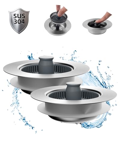 Hibbent 2 Stück verbessertes 3-in-1 Abflusssieb und Stopper für Küchenspüle, Edelstahl, Metall, Pop-Up-Waschbeckenstopfen, Anti-Verstopfungs-Korb-Sieb mit Griff für US-Standard 8,9 cm Abfluss von Hibbent