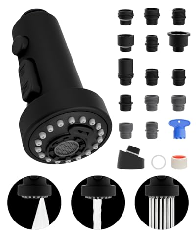 Hibbent Ausziehbarer Küchenarmaturkopf, 3 Funktionen, Spüle, Sprühkopf mit 15 Adaptern, kompatibel mit Moen, American Standard, Delta, Kohler Armaturen, Mattschwarz von Hibbent