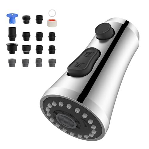 Hibbent Ausziehbarer Sprühkopf für Küchenarmatur, 3-Funktions-Sprühdüse mit 15 Adaptern, gerader Wasserhahnkopf, kompatibel mit Moen, Delta, Kohler, amerikanischer Standard, Chrom Hibbent Ausziehbarer Sprühkopf für Küchenarmatur, 3-Funktions-Sprühdüse mit 15 Adaptern, gerader Wasserhahnkopf, kompatibel mit Moen, Delta, Kohler, amerikanischer Standard, Chrom von Hibbent