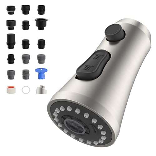 Hibbent Ausziehbarer Sprühkopf für Küchenarmatur, 3-Funktions-Sprühdüse mit 15 Adaptern, gerader Wasserhahnkopf, kompatibel mit Moen, Delta, Kohler, amerikanischer Standard, gebürstetes Nickel Hibbent Ausziehbarer Sprühkopf für Küchenarmatur, 3-Funktions-Sprühdüse mit 15 Adaptern, gerader Wasserhahnkopf, kompatibel mit Moen, Delta, Kohler, amerikanischer Standard, gebürstetes Nickel von Hibbent