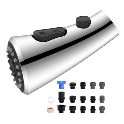 Hibbent Gebogener ausziehbarer Küchenarmaturkopf, 3-Funktions-Küchenspüle, Sprühdüse mit 14 Adaptern, Spritzschutz, kompatibel mit gebogenen Kohler-Armaturen, Chrom von Hibbent