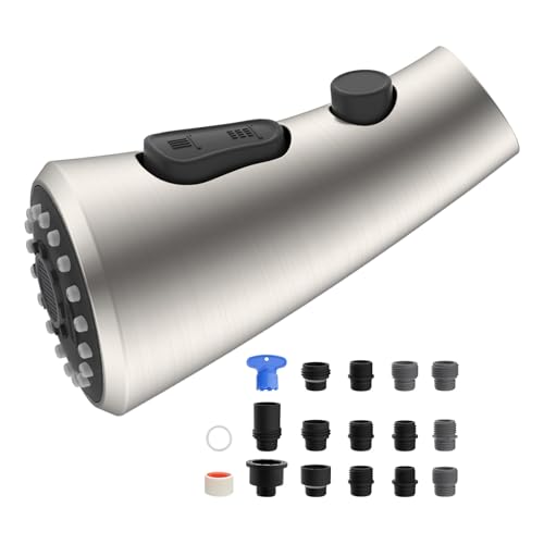Hibbent Gebogener ausziehbarer Küchenarmaturkopf, 3-Funktions-Küchenspüle, Sprühdüse mit 14 Adaptern, Spritzschutz, kompatibel mit gebogenen Kohler-Armaturen, gebürstetes Nickel von Hibbent