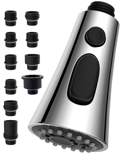 Hibbent Küchenarmatur Kopf Ersatz, 3-Funktions-Küche Spüle Sprühdüse kompatibel mit Moen,Pull Down Küche Sprühkopf mit 9 Adaptern, EU Standard, Delta, Kohler Wasserhähne, Chrom von Hibbent