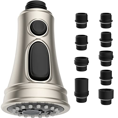Hibbent 3 Modi Brausekopf Küchenarmatur Ersatz Herausziehbarer，Brausekopf küchenarmatur kompatibel mit Moen,Delta, Kohler Wasserhähne,Geschirrbrause ersatzkopf mit 9 Adaptern,G1/2 gebürstetem Nickel von Hibbent
