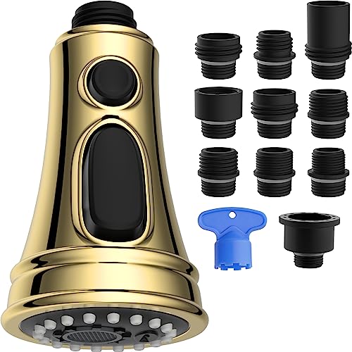 Hibbent Gold Pull Down Wasserhahn Sprühkopf, 3 Funktionen Wasserhahn Sprühdüse mit 10 Adaptern, kompatibel mit Moen, American Standard, Kohler Armaturen, poliertes Messing von Hibbent