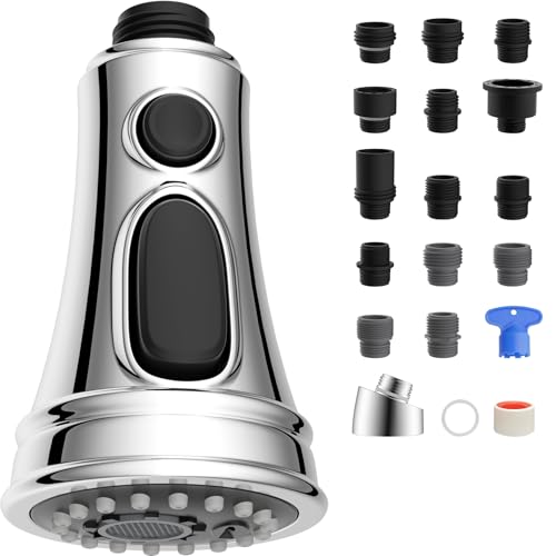 Hibbent Küchenarmaturkopf Ersatz mit herausziehbarem Sprühkopf, 3 Funktionen, Wasserhahn-Sprühdüse – 15 Adapter, kompatibel mit Moen, American Standard, Delta, Kohler – Chrom von Hibbent