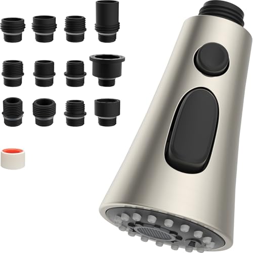 Hibbent 3 Modi Brausekopf Küchenarmatur Ersatz Herausziehbarer,Geschirrbrause ersatzkopf kompatibel mit Moen,Delta, Kohler Wasserhähne,Brausekopf küchenarmatur mit 9 Adaptern,gebürstetem Nickel von Hibbent
