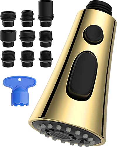 Hibbent Pull Down Küchenarmatur Sprühkopf Ersatz, 3 Funktionen Gold Küchenspüle Sprühdüse mit 9 Adaptern Kompatibel mit Moen, American Standard, Delta, Kohler Armaturen, poliertes Messing von Hibbent