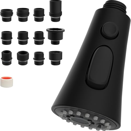 Hibbent Pull Down Küchenarmatur Sprühkopf Ersatz, 3-Funktionen Küche Spüle Sprühdüse mit 9 Adaptern kompatibel mit Moen, EU Standard, Delta, Kohler Wasserhähne, Mattschwarz von Hibbent