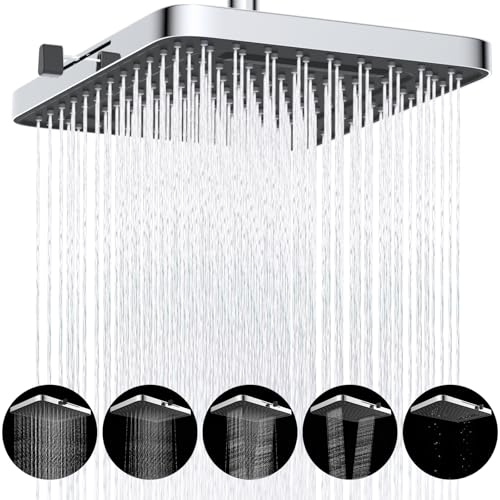 Hibbent Regen-Duschköpfe, 13 Zoll, 5 Sprüher Regenfall-Duschkopf, quadratische Einbau-Duschköpfe, schwenkbarer Strahlwinkel, üppiges Duscherlebnis, einfache Installation, Chrom von Hibbent