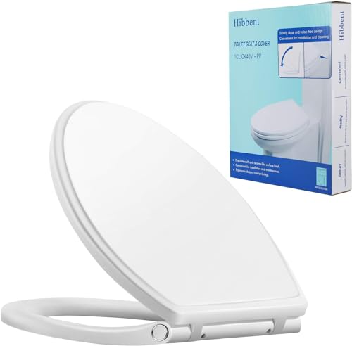 Hibbent Runder Premium-Toilettensitz mit Abdeckung, leises Schließen, Ein-Klick zum Schnellentriegeln, einfache Installation, rutschfeste Sitzstoßstangen, langsam schließender WC-Sitz und Abdeckung, von Hibbent
