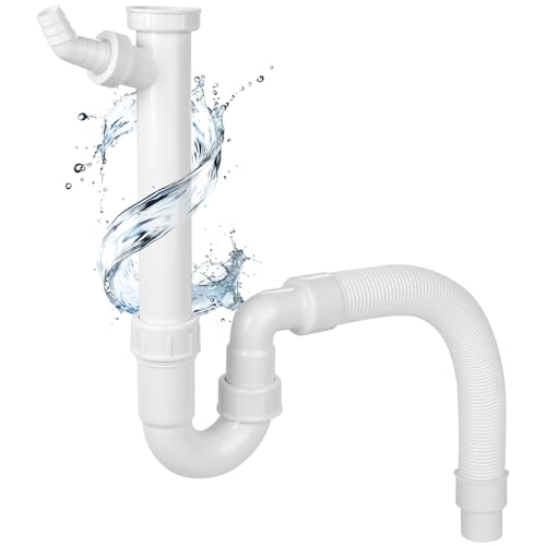 Hibbent Siphon für Küchenspüle mit Flexiblem Ablaufschlauch - Flexibler Siphon mit Geräteanschluss-G 1 1/2 von Hibbent