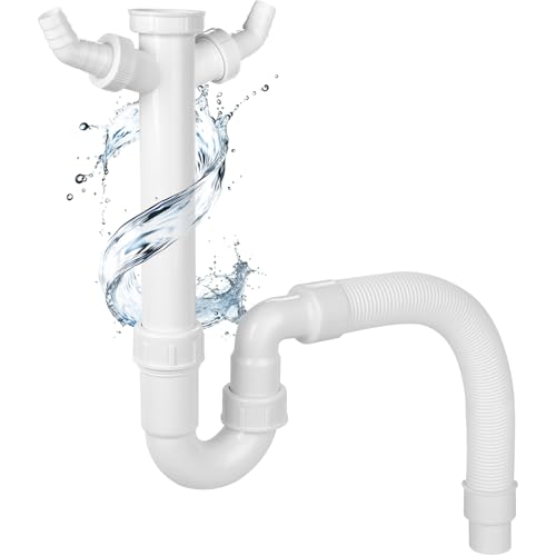 Hibbent Siphon für Küchenspüle mit Flexiblem Ablaufschlauch - Flexibler Siphon mit doppeltem Geräteanschluss-G 1 1/2 von Hibbent