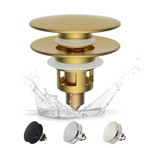 Hibbent Universaler Waschbeckenstöpsel (25-46mm), edeles Messing-Federkern-Druckventil,Pop-Up Abflusssieb Stöpsel für Waschbecken, Ersatz für Badewannen- und Küchensinkstopfen -Gebürstetes Gold von Hibbent