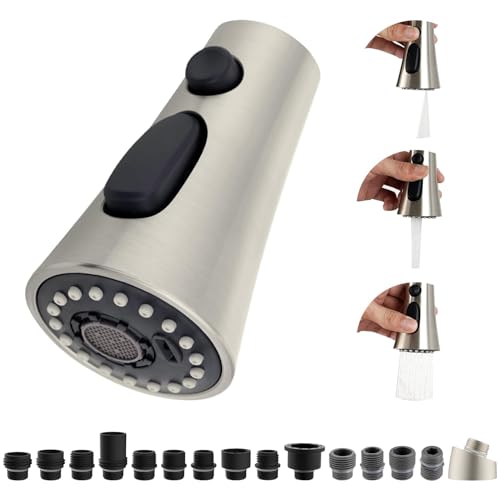 Küchenarmatur-Kopf-Ersatz, 3-Funktionen, Küchenspüle, Wasserhahn-Teile mit 10 Adaptern, herausziehbare Wasserhahnkopfdüse kompatibel mit Delta, Kohler, Moen-Wasserhähne, gebürstetes Nickel von Hibbent