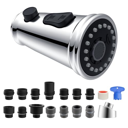 Küchenarmaturen Pull Down Sprayer Ersatzkopf, Spültischarmatur Kopf 3 Funktionen Wasserhahn Sprühkopf Düse mit 10 Adaptern, kompatibel mit Moen, American Standard, Delta, Kohler Wasserhähne - Chrom von Hibbent