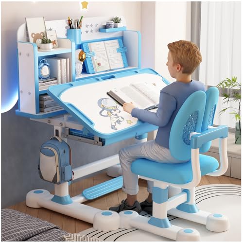 Höhenverstellbarer Kinderschreibtisch mit Stuhl Set - Ergonomischer Schreibtisch für Kinder ab 6 Jahren, Schreibtisch mit Stuhl für Jungs & Mädchen, verstellbarem Fußbrett & Bücherstände (Blau) von Hiborth