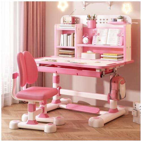Höhenverstellbarer Kinderschreibtisch mit Stuhl Set - Ergonomischer Schreibtisch für Kinder ab 6 Jahren, Schreibtisch mit Stuhl für Jungs & Mädchen, verstellbarem Fußbrett & Bücherstände (Rosa) von Hiborth