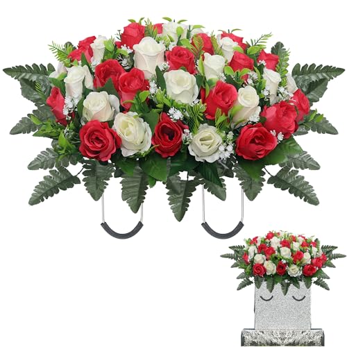 Künstliche Friedhofsblumen Sattel - Grabschmuck Grabstein Blume Rose Outdoor Dekorationen (Rot Beige) von Hibsotco