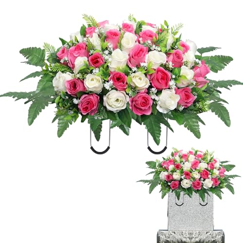 Künstliche Friedhofsblumen Sattel - Grabschmuck Grabstein Blume Rose für Outdoor Grabdekorationen (Rosa Weiß) von Hibsotco
