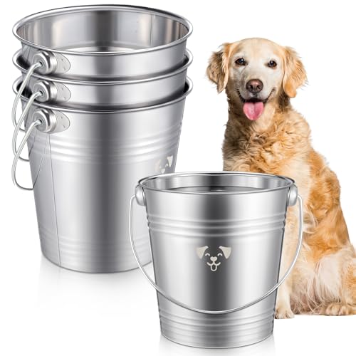 4 Stück Hunde-Eimer aus Edelstahl, Wassereimer für Hunde, Metalleimer mit Griff, Welpe, Hund, Wasserspender, hängende Näpfe für Zäune, Käfige, Zwinger (Silber, 6 Quart) von Hicarer