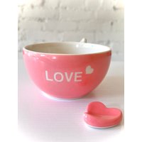 Handgemachte Porzellan Love Engel Rosa Schale, Liebe Mit Herz Hot Pink Schale Und Besteck Rest Set von Hideminy