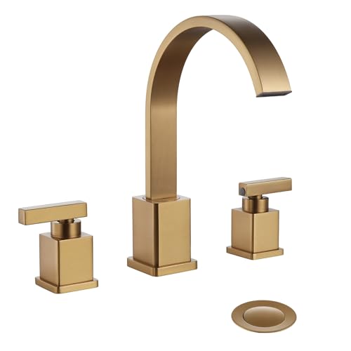 Badezimmer-Wasserhahn, gebürstet, goldfarben, Anti-Fingerabdruck, 3 Löcher, 2 Hebelgriff, 20,3 cm, breiter Gold-Badezimmer-Wasserhahn mit Überlauf-Pop-Up-Ablauf- und Wasserversorgungsschläuchen von Hideno