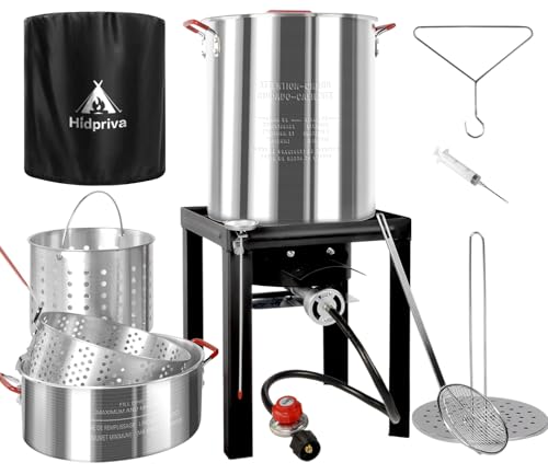 Hidpriva 30QT Truthahnfritteuse & 10QT Fischfritteusen-Set, wasserdichte Abdeckung & 30,5 cm Skimmer, 55.000BTU Propangasbrenner, Aluminium-Truthahn-Fritteusentopf, Outdoor-Fritteuse, Krebskessel mit von Hidpriva