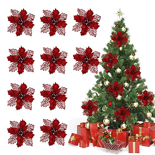 Hidyliu 10 Stück Künstliche Weihnachtsglitter Weihnachtsstern Blumen, wiederverwendbare künstliche Blumen, Künstliche Winter-Weihnachtsbeeren Dekoration, für Weihnachtsgestecke und Urlaubsdekorationen von Hidyliu