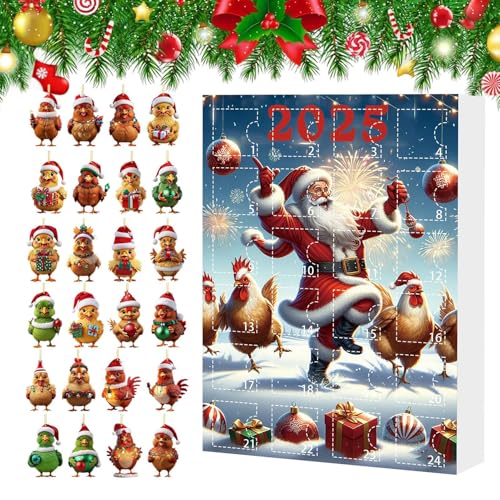 Hiemible Adventskalender Christbaumschmuck - 24 Tage Hühner Countdown Kalender - Tieranhänger Acryl Huhn Figuren Deko für Christbaum Fenster Wand Tür Party Auto Spiegel von Hiemible