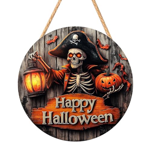 Hiemible Halloween-Türdekoration für Haustür, 2D Happy Halloween Holzschild, Geisterhaus Pirat Kapitän Weißgeist Kürbis Wanddeko Für Balkon Flur von Hiemible
