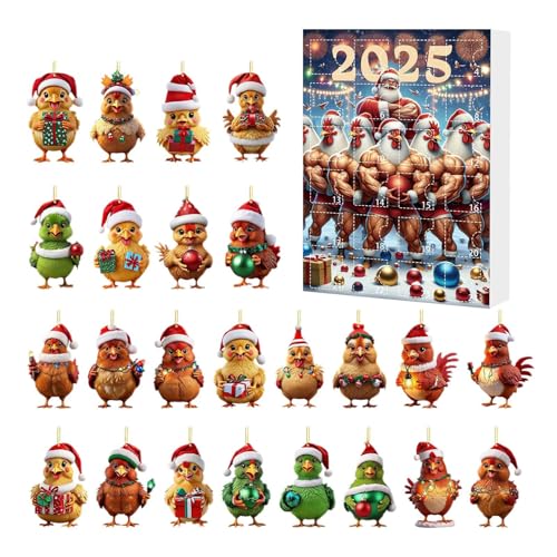 Hiemible Hühner Weihnachtsschmuck,24 Tage Hühner Countdown Kalender | Tieranhänger Acryl Huhn Figuren Deko für Christbaum Fenster Wand Tür Party Auto Spiegel von Hiemible
