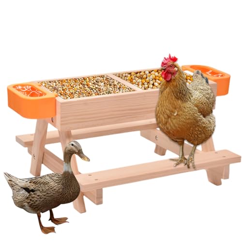 Hiemible Hühnerstall Futterautomat - Futter- & Tränke Set Für Hühner | Verschwendungsfreier Tränkehalter Mit Holzgestell Futterzubehör Für Wachteln Hühnerstall von Hiemible