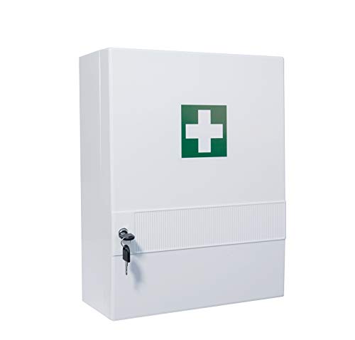 Erste Hilfe Verbandschrank mit DIN 13157, Kunststoff Medizinschrank mit 10 Fächern (4 herausnehmbar), Sicherheitsschloss – 45 x 34,5 x 16 cm - robust & kompakt - zum Aufhängen inkl. Schrauben & Dübel von HierBeiDir