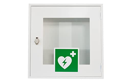 HierBeiDir Universal AED-Metallschrank (leer) 40 x 40 x 20 cm mit Sichtfenster für Defibrillator, mit Alarm, Türschloss ist mit Vorhängeschloss abschließbar oder verplombbar für den Innenbereich von HierBeiDir