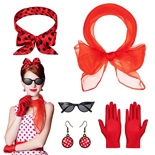 Hifot 50er Jahre Accessoires 1950s Rockabilly Accessoires Damen Polka Dots Bandana Haarband Schal Ohrringe Handschuhe Katzenaugen Sonnenbrille Damen Vintage von Hifot