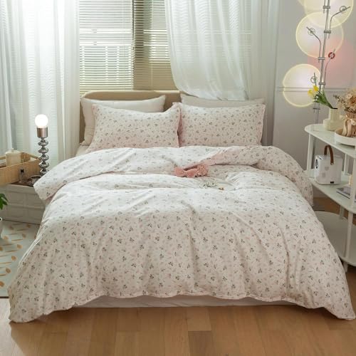 Schickes rosa Blumen-Bettwäsche-Set für Queen-Size-Betten, weiße botanische Kokette, Boho-Bettwäsche-Set für Queensize-Bett, ästhetisches Blumen-Bettwäsche-Set für Mädchen, 1 x florales Betttuch und 2 von HighBuy