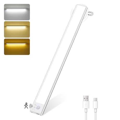 HighLuc Schrankbeleuchtung LED mit Bewegungsmelder, 40CM Unterbauleuchte Küche LED, 146Led USB-C Wiederaufladbar 3 Farbmodi Dimmbar Kabellos Nachtlicht für Schlafzimmer Kleiderschrank Keller -1 Stück von HighLuc