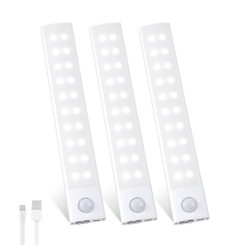 LED Unterbauleuchte Schrankbeleuchtung 2000 mAh, 40 LEDs Unterbauleuchte Küche mit Bewegungsmelder, USB-C Wiederaufladbar 3 Farbmodi Dimmbar, 20cm LED Lichtleiste für Schrank Badezimmer RV - 3 Stück von HighLuc