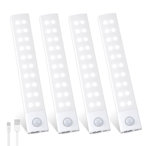 Schrankbeleuchtung LED mit Bewegungsmelder 2000mAh, 40 LEDs Unterbauleuchte Küche 20CM, USB-C Wiederaufladbar 3 Farbmodi Dimmbar Lichtleiste für Schlafzimmer Badezimmer Kleiderschrank RV - 4 Stück von HighLuc