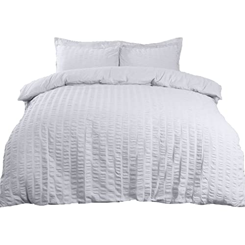 Highams Seersucker Bettbezug mit Kissenbezug, Bettwäsche-Set, luxuriöses Weiß, Doppelbett von Highams